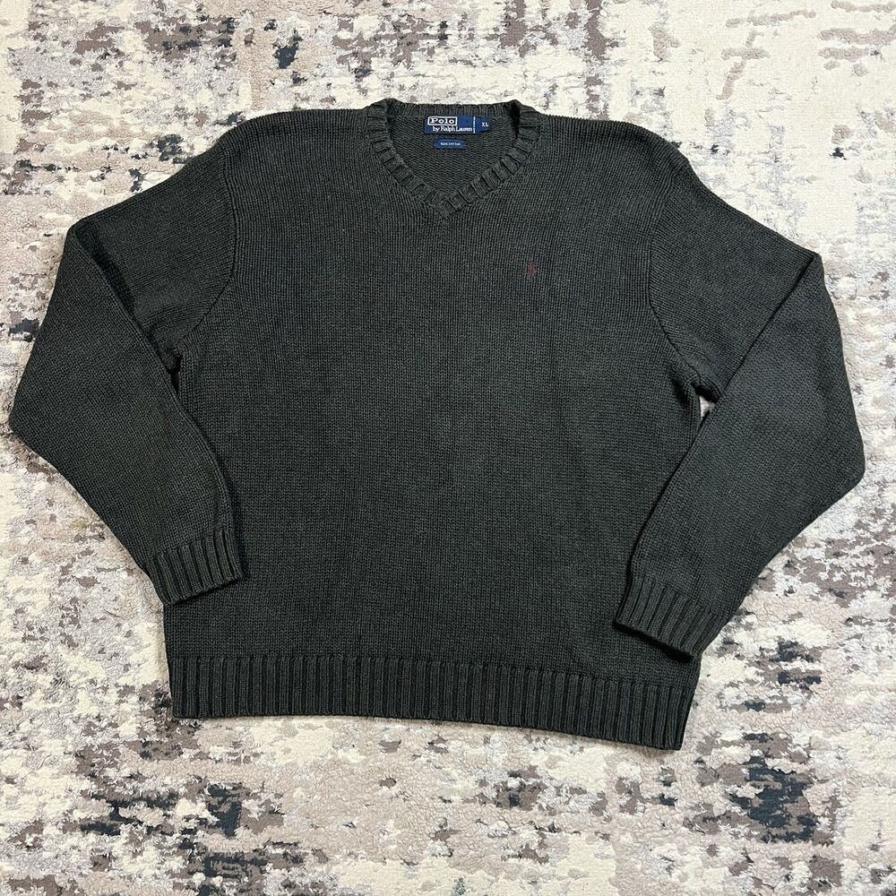 Vtg Polo Ralph Lauren Heavy Cotton Grandpa Sweater Mens XL Gray V Neck Pullover